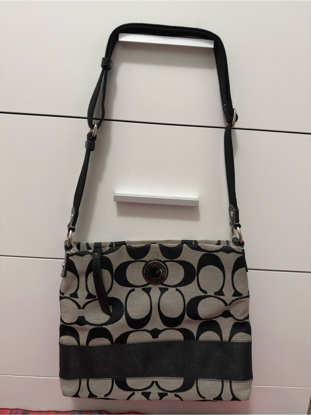 Vintage Coach Black Grey Signature Monogram Medallion File Crossbody Bag